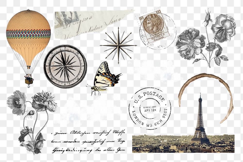 Travel journal png illustration sticker set, transparent background