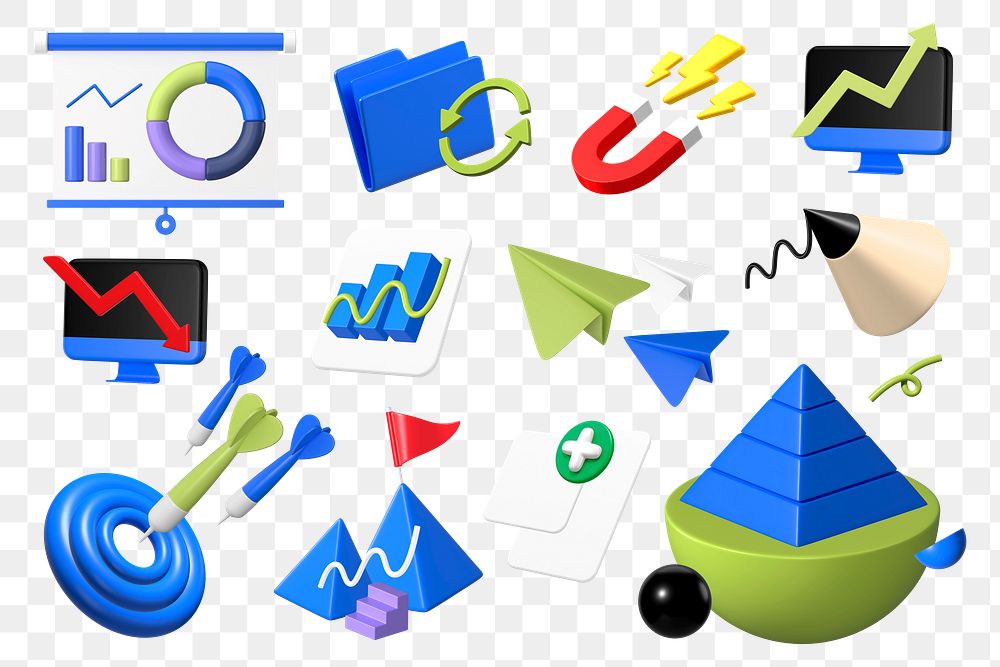 3D business icons png illustration sticker set, transparent background