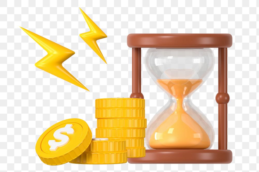 Time is money png sticker, 3D hourglass coins graphic, transparent background