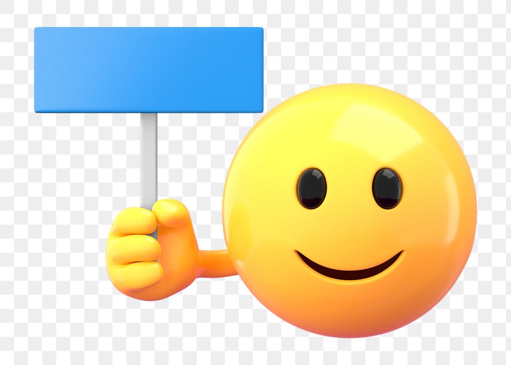 Emoticon holding png sign mockup, 3D rendered on transparent background