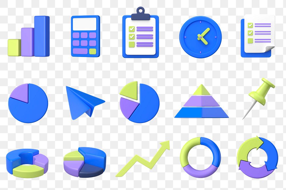 Png 3D business graphic & icon sticker set, transparent background