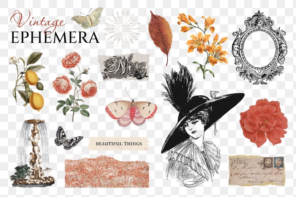 Vintage Ephemera png illustration sticker set, transparent background