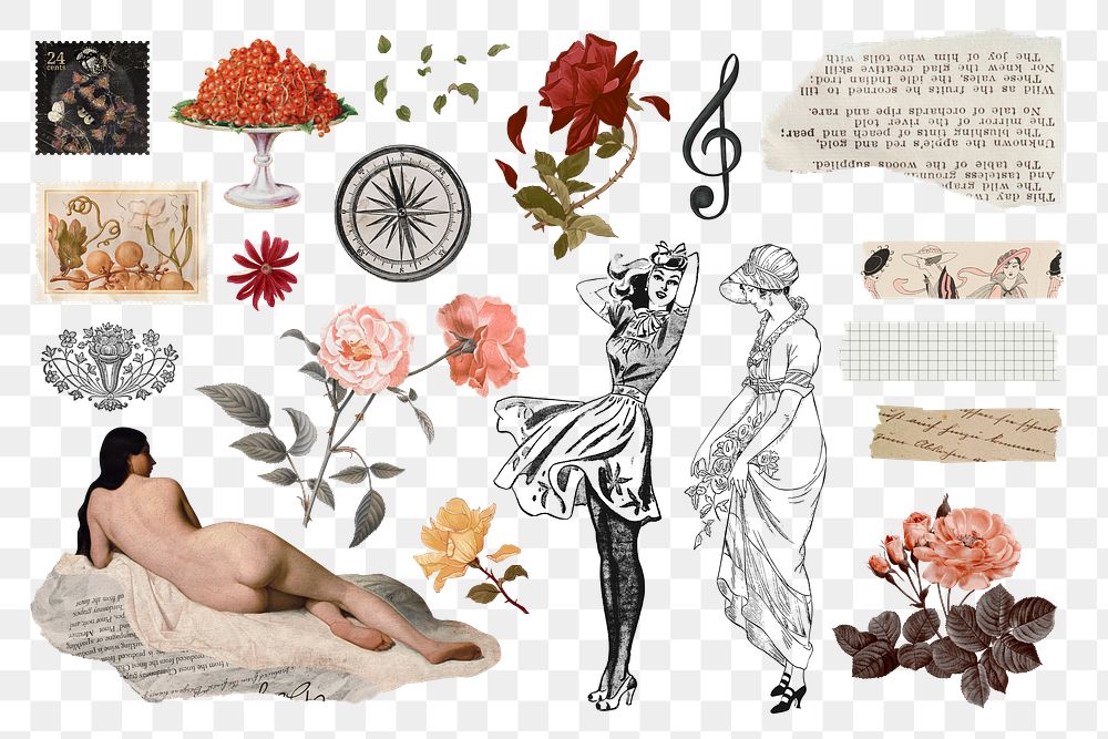 Aesthetic Ephemera png illustration sticker set, transparent background