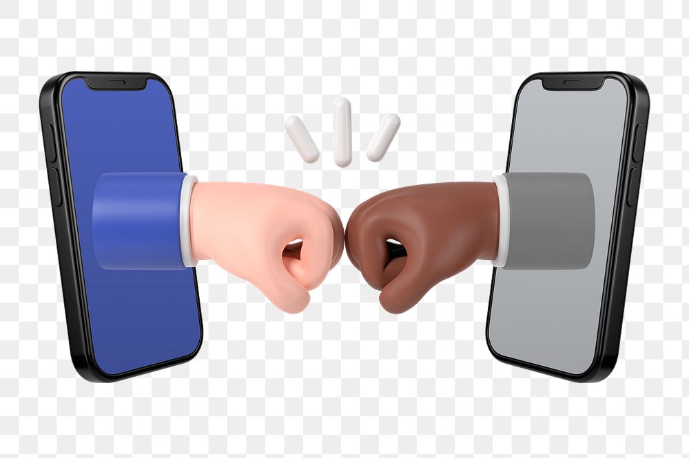 Virtual fist bump png, 3D smartphone illustration, transparent background