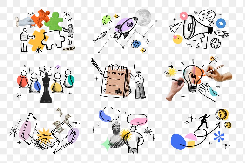 Business marketing doodles png illustration sticker set, transparent background