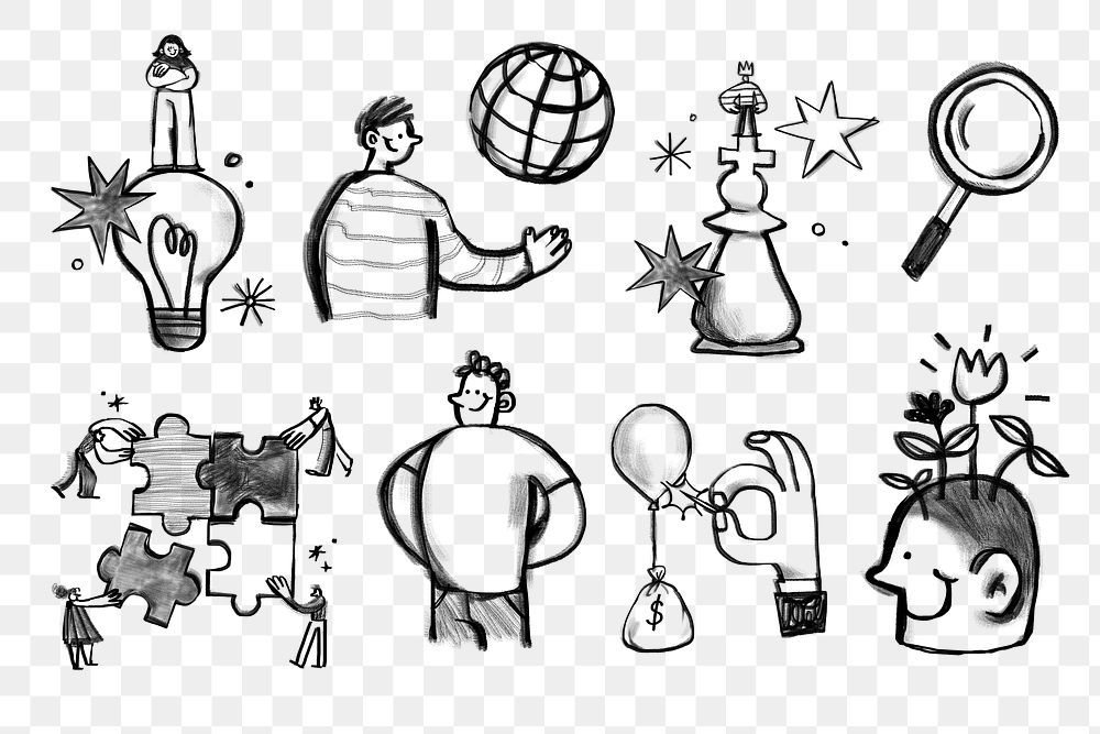 Business idea doodles png illustration sticker set, transparent background