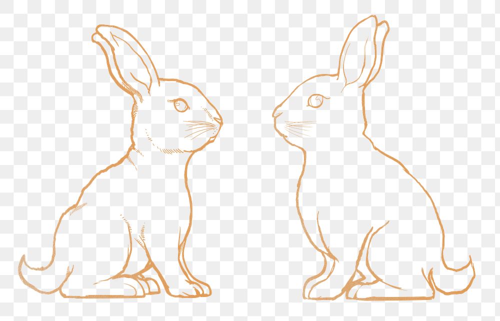 Gold rabbits png sticker, Easter celebration animal in line art design, transparent background