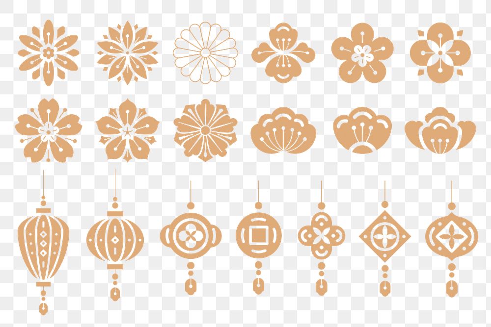 Chinese flowers lanterns png sticker, festive decorations set, transparent background