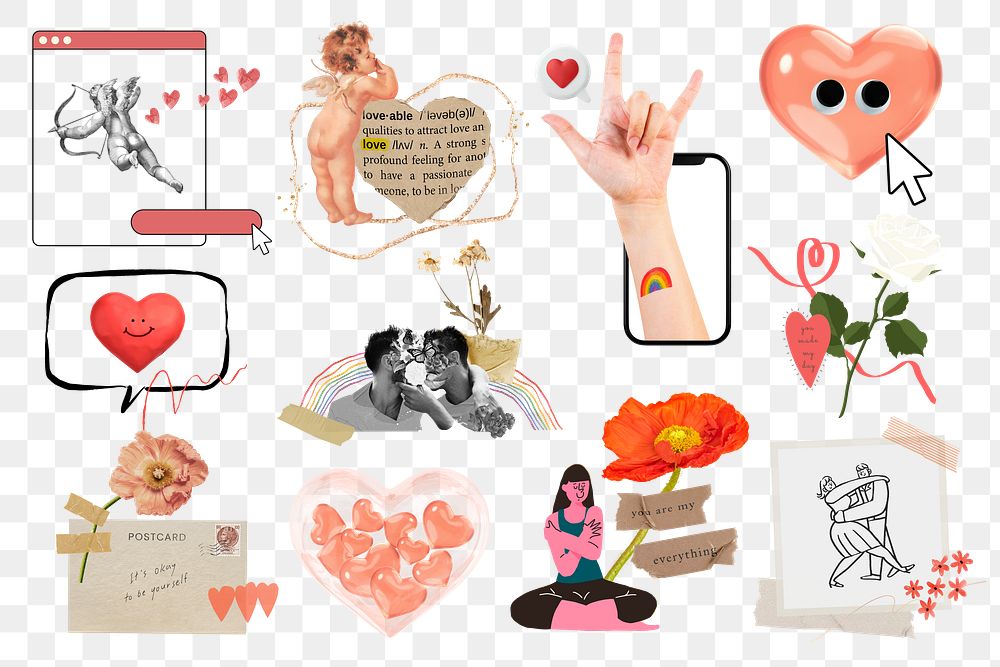Cute Valentine's celebration png sticker, aesthetic collage element set, transparent background