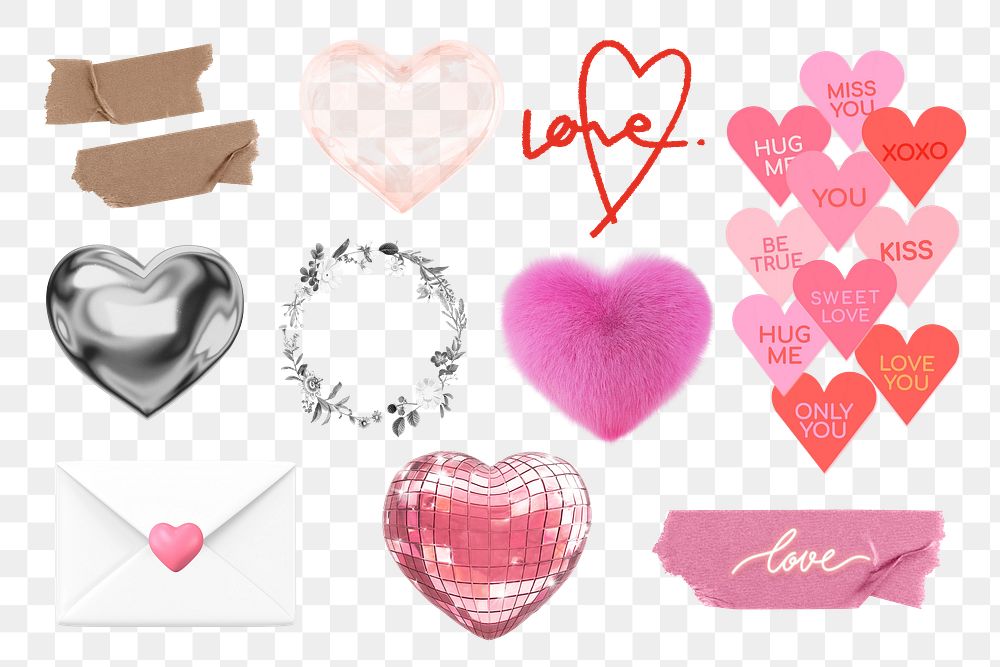 3D hearts png sticker, aesthetic Valentine's collage element set, transparent background