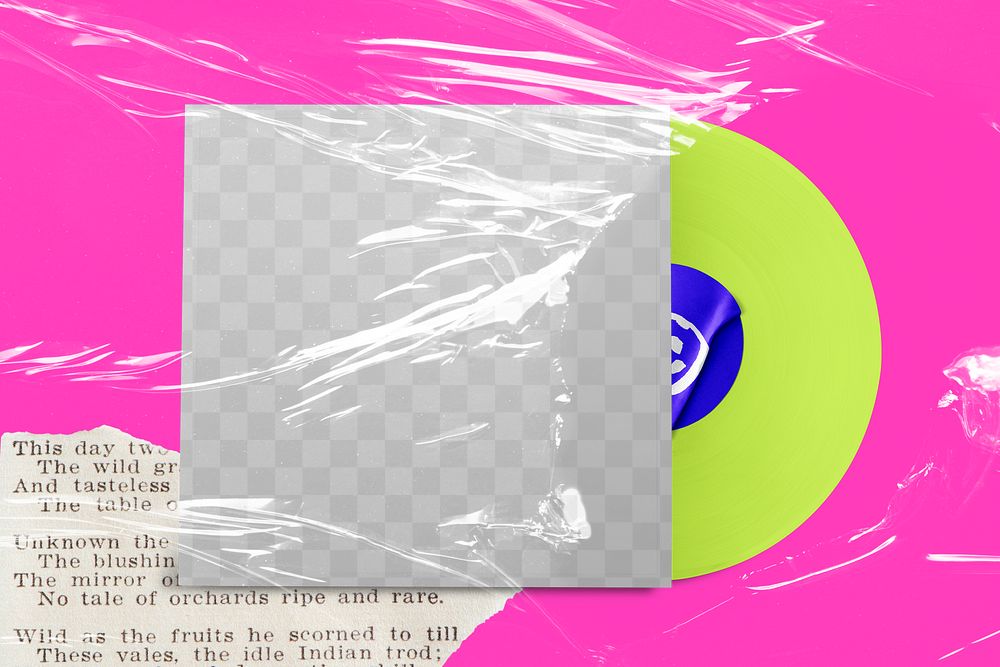 PNG vinyl record cover mockup, transparent product packaging design with plastic wrap texture