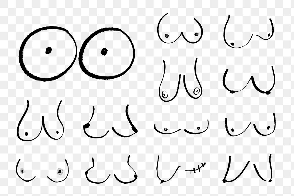 Breasts doodles png set, edgy women's health and breast cancer awareness illustrations on transparent background