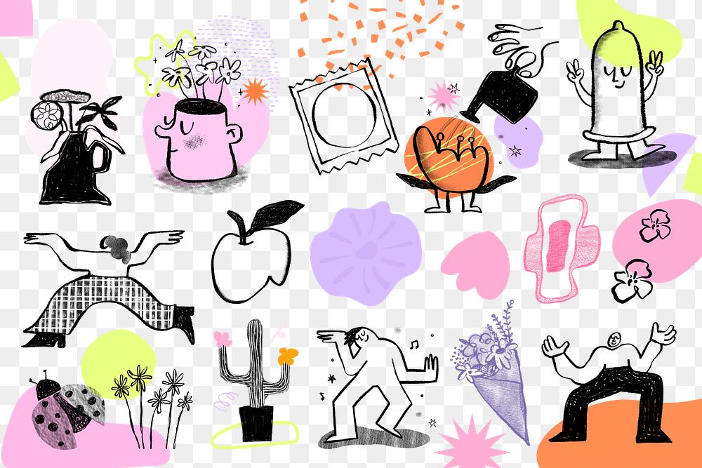 Colorful lifestyle doodle png set, edgy design elements on transparent background
