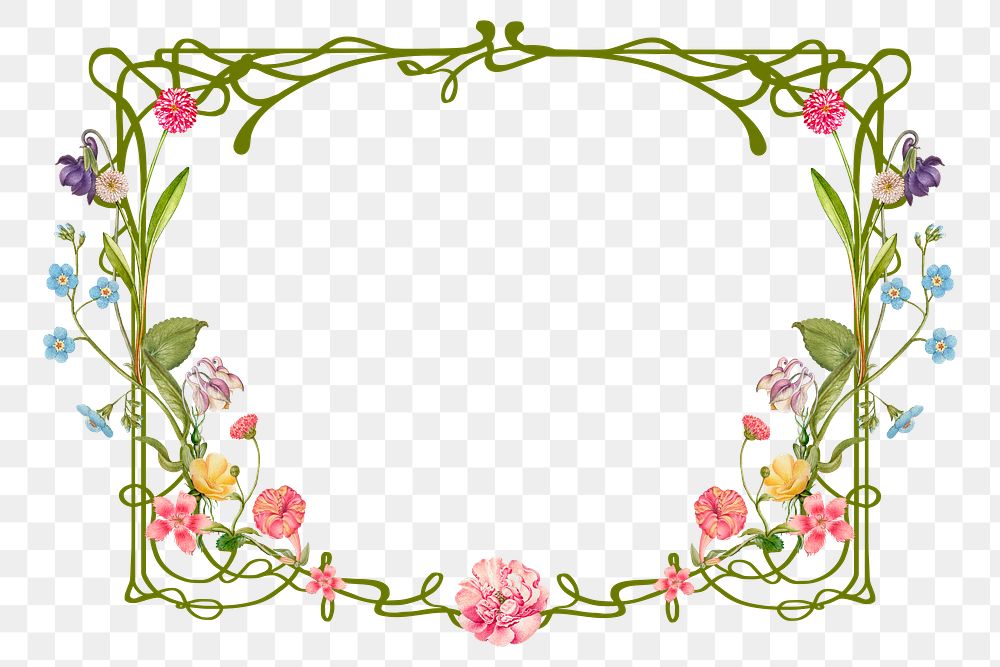 Aesthetic flower png frame, ornamental art nouveau, transparent background, remixed by rawpixel