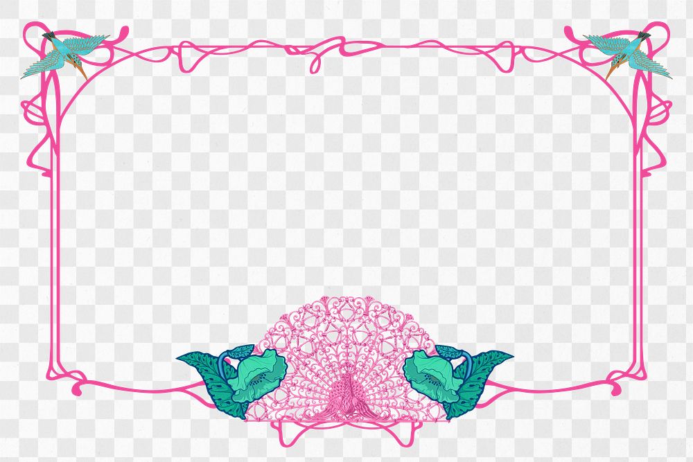 Pink ornate png frame, vintage bird design, transparent background, remixed by rawpixel