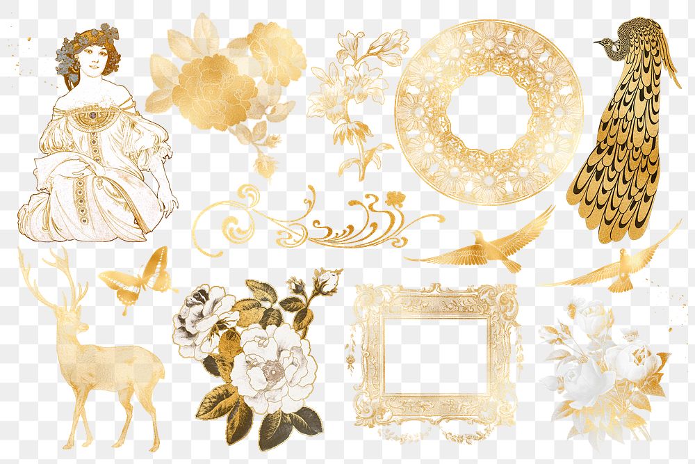 Gold vintage character png Art Nouveau sticker set, transparent background, remixed by rawpixel