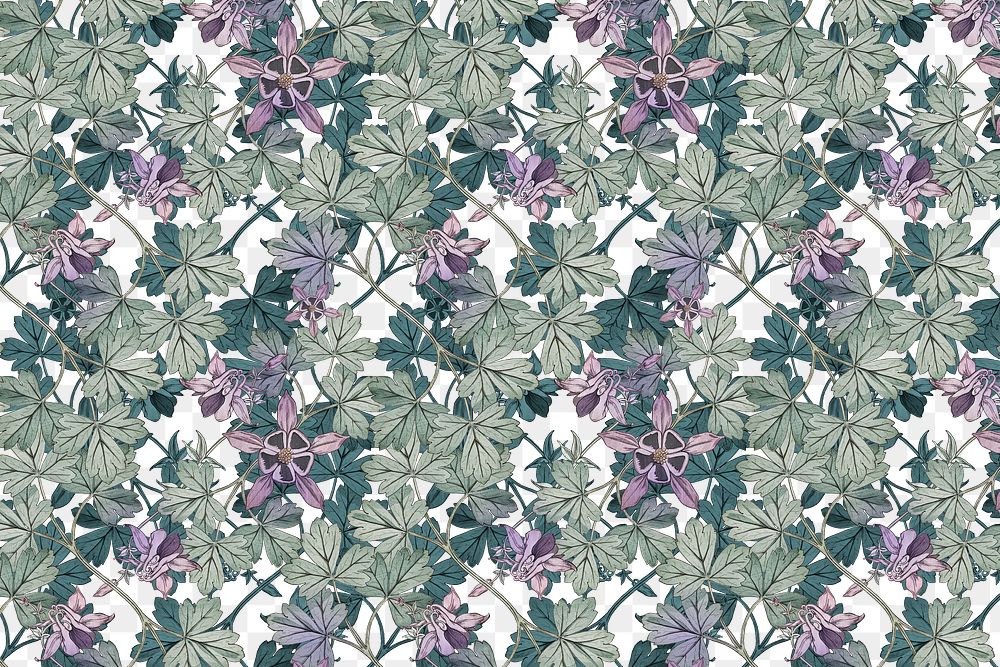 Green leaves png columbine pattern sticker, transparent background, remixed by rawpixel
