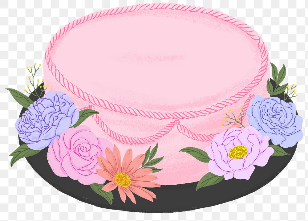 Pink birthday cake png sticker, floral dessert illustration, transparent background