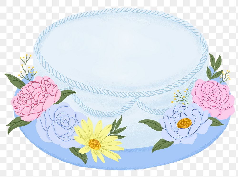 Blue birthday cake png sticker, floral dessert illustration, transparent background
