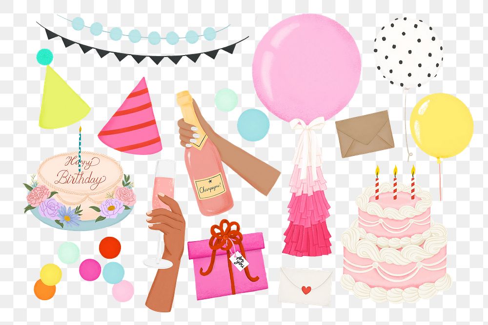 Birthday party png sticker set, transparent background