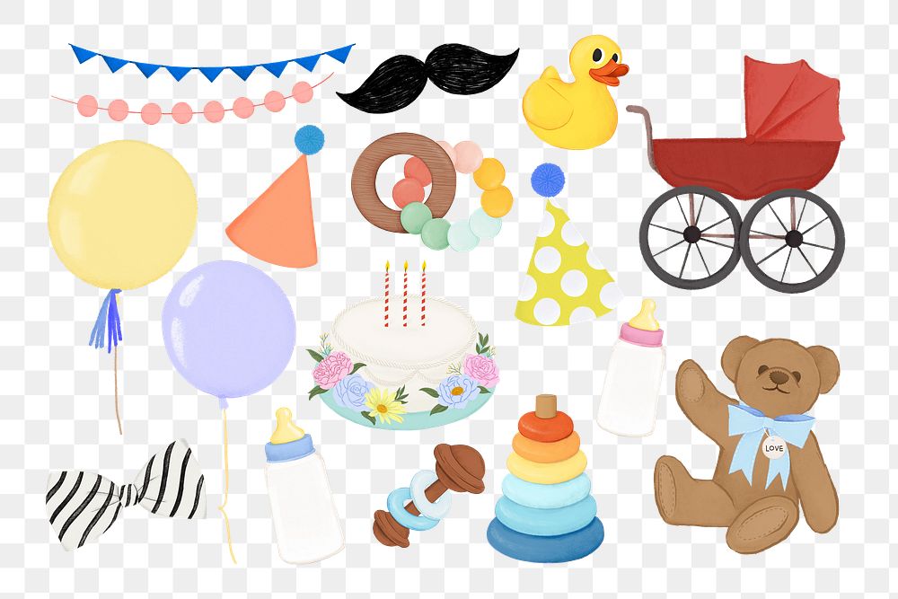 PNG kid's birthday party sticker set, transparent background