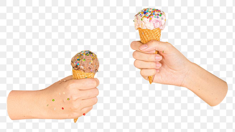 Ice cream png cones, hands holding in transparent background
