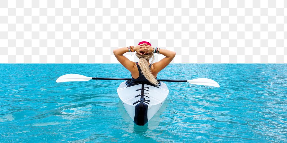 Woman tourist png kayak lake border, travel photo, transparent background