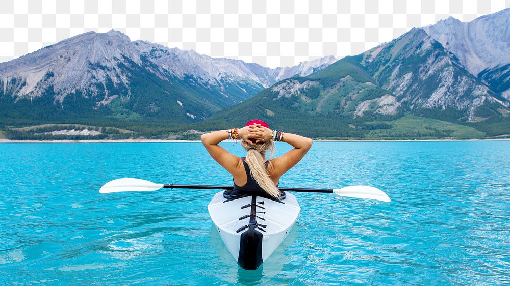 Woman tourist png kayak lake border, travel photo, transparent background