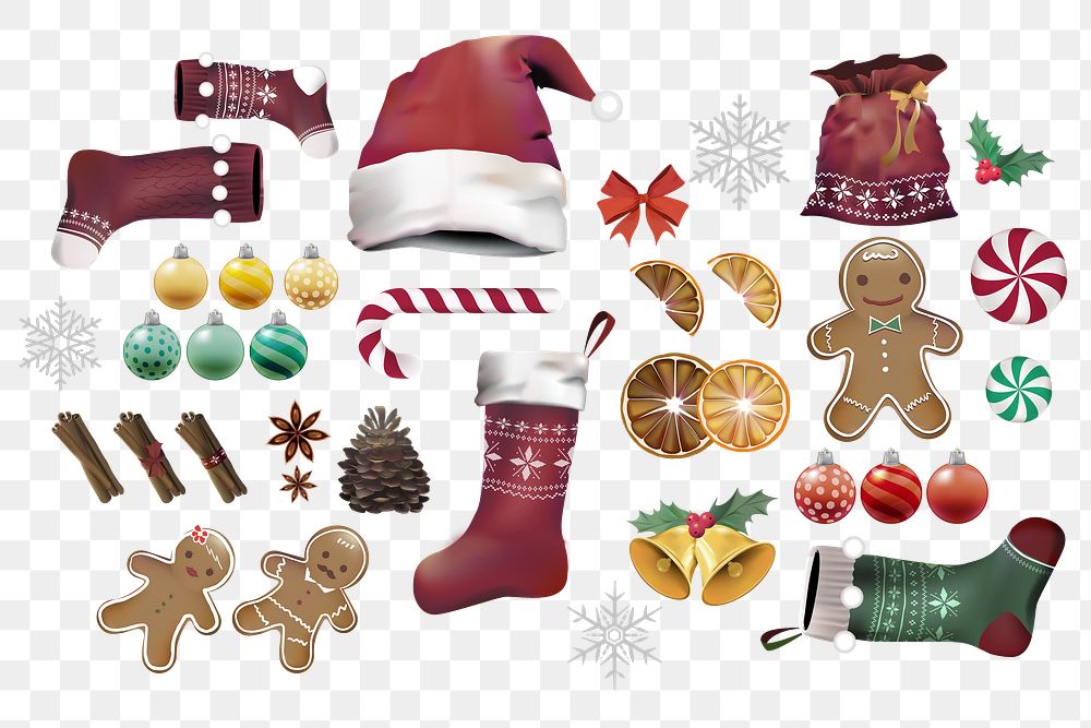 Christmas items png cute sticker set, transparent background