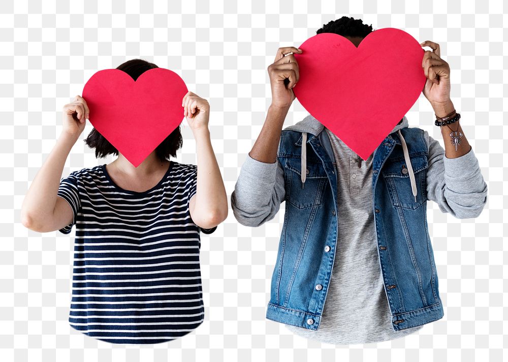 Happy couple png holding red heart icons in transparent background