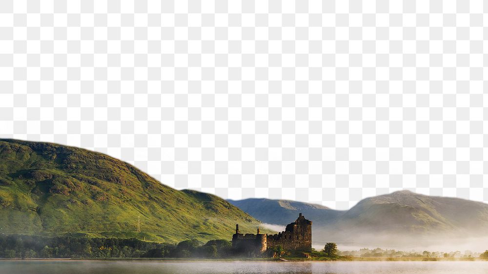 PNG Scotland castle landscape border, transparent background