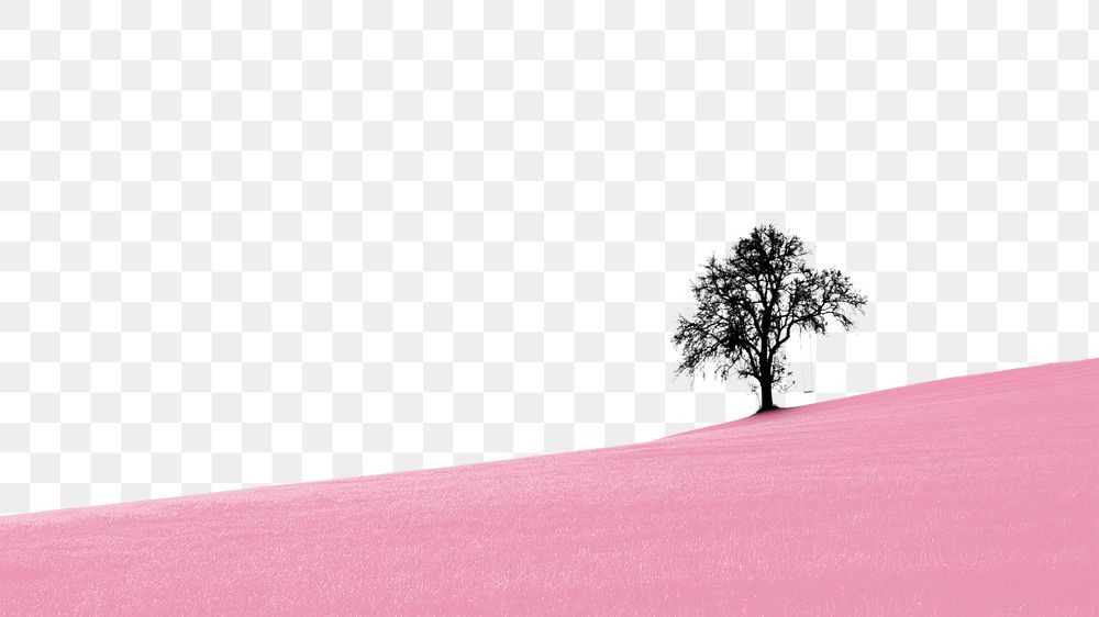 Lonely tree png, pink field, border, transparent background