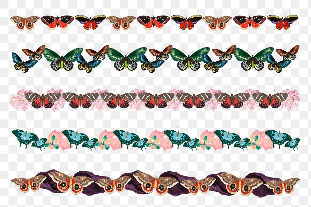 Vintage butterfly pattern png border sticker set, transparent background
