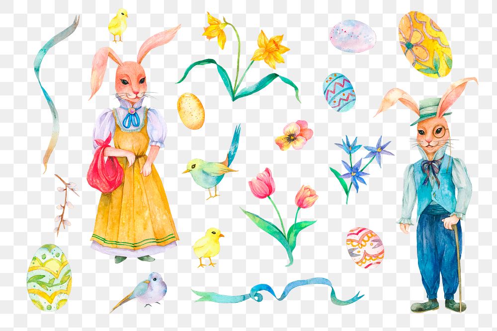 Easter garden png, rabbit characters, watercolor sticker set