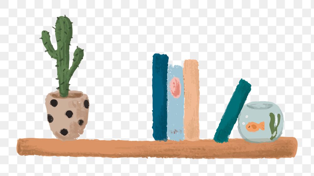 Cute bookshelf with cactus png sticker, transparent background