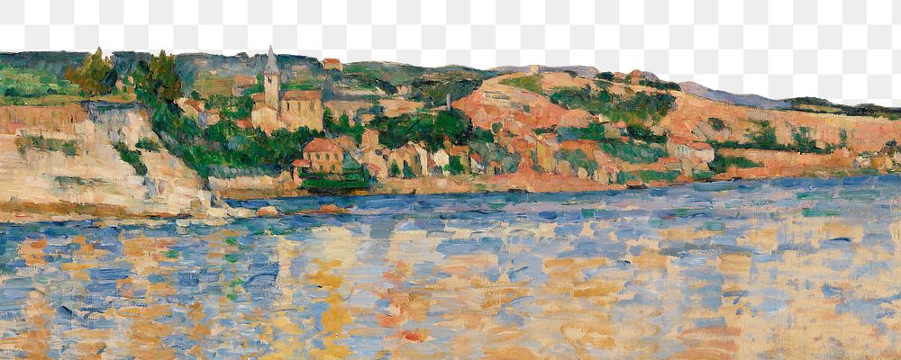 Png Cezanne&rsquo;s Village at the Water's Edge border, post-impressionist landscape painting, transparent background. …