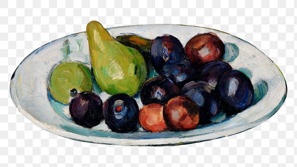Png Cezanne&rsquo;s Plate with Fruit sticker, still life painting, transparent background.  Remixed by rawpixel.