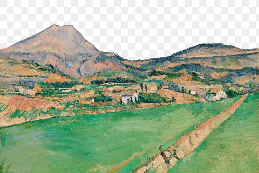 Png Cezanne&rsquo;s Mont Sainte-Victoire border, post-impressionist landscape painting, transparent background.  Remixed by…