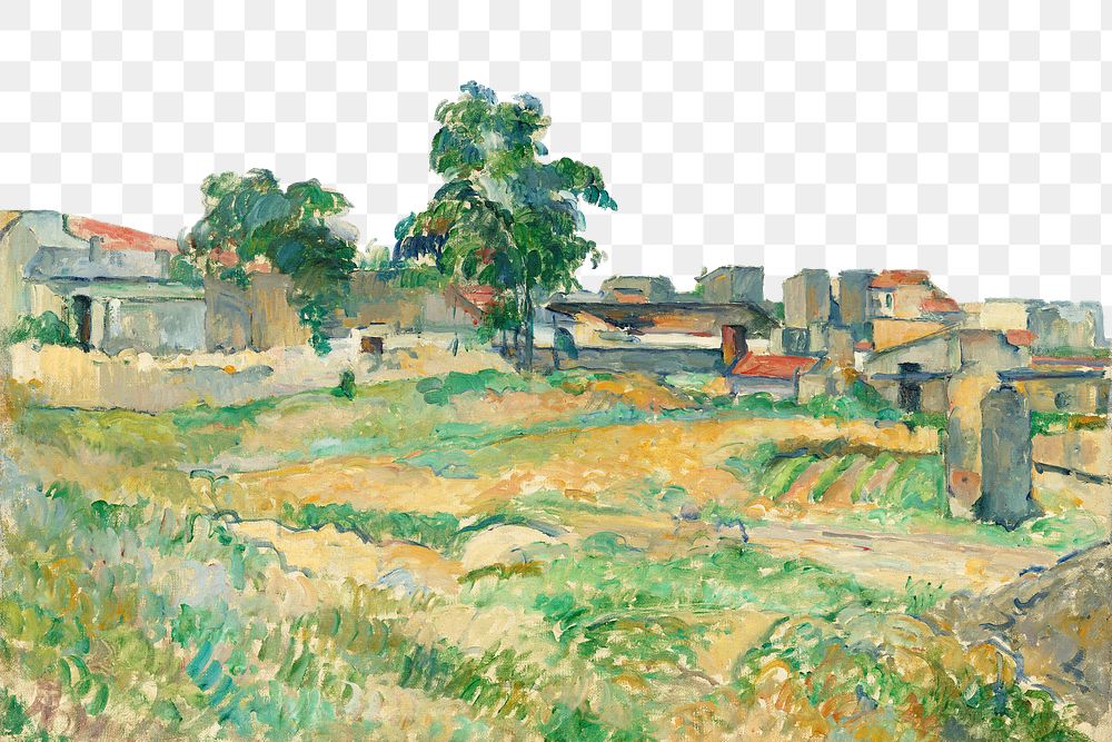 Png Cezanne&rsquo;s Landscape near Paris border, post-impressionist landscape painting, transparent background.  Remixed by…