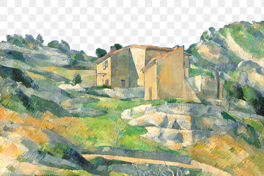 Png Cezanne&rsquo;s Houses in Provence border, post-impressionist landscape painting, transparent background.  Remixed by…