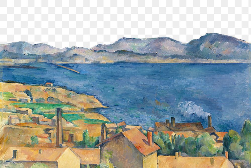 Png Cezanne&rsquo;s Bay of Marseille border, post-impressionist landscape painting, transparent background.  Remixed by…