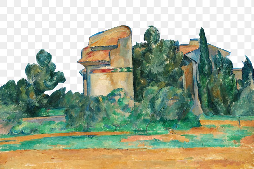 Png Cezanne&rsquo;s Pigeon Tower at Bellevue border, post-impressionist landscape painting, transparent background.  Remixed…