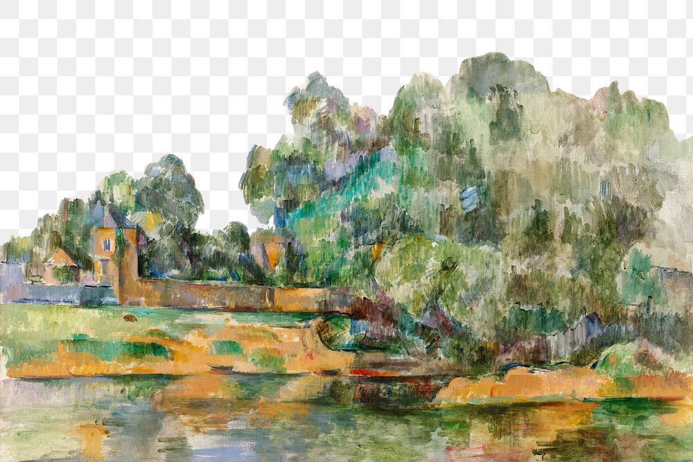  Png Cezanne’s Riverbank border, post-impressionist landscape painting, transparent background.  Remixed by rawpixel.