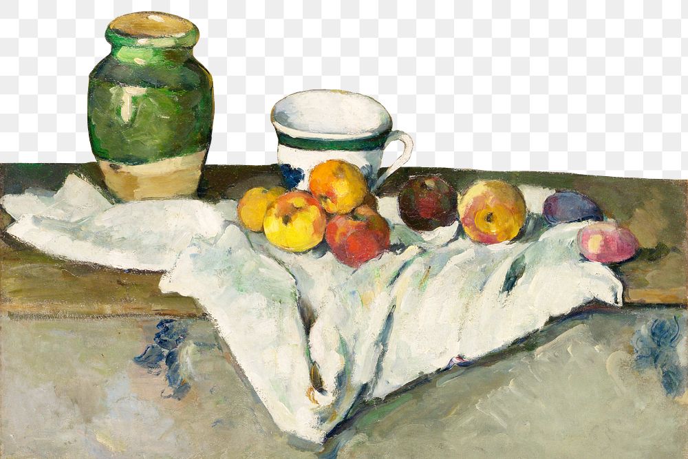 Png Cezanne&rsquo;s Jar, Cup, and Apples border, post-impressionist landscape painting, transparent background.  Remixed by…