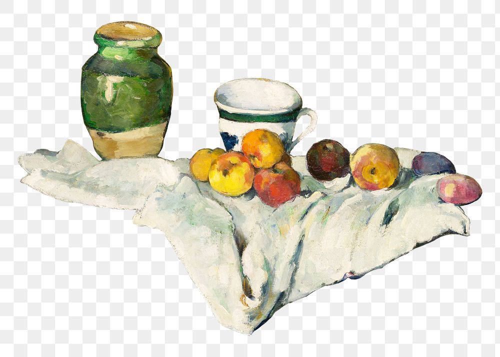 Png Cezanne&rsquo;s  Jar, Cup, and Apples sticker, still life painting, transparent background.  Remixed by rawpixel.