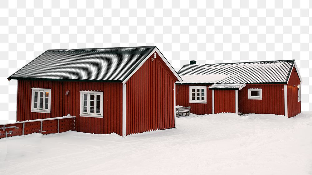 PNG red cabins, winter  border, transparent background