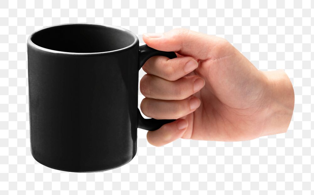Coffee mug mockup png hand holding sticker, transparent background