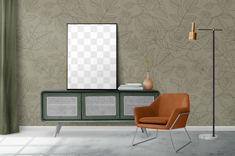 PNG picture frame mockup, transparent design, contemporary living room interior