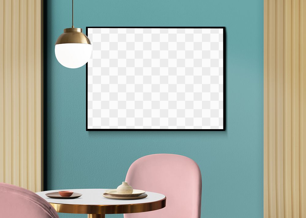 PNG picture frame mockup, transparent design, contemporary living room interior