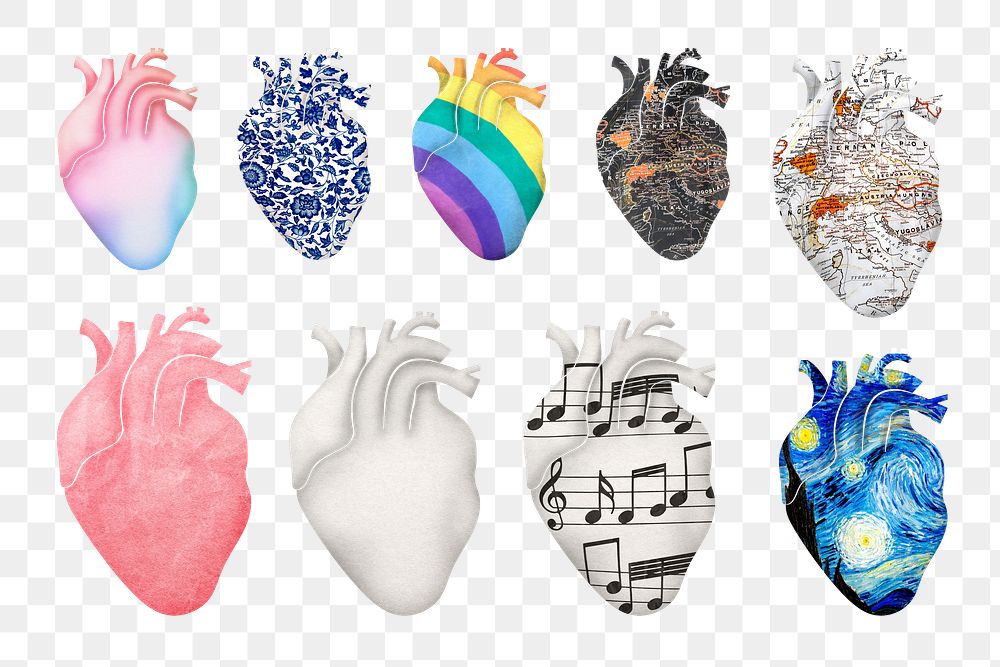 Surreal human heart png sticker set, transparent background